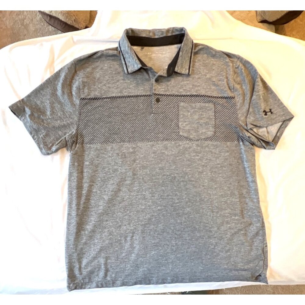 Under Armour HeatGear Gray Striped Polo Shirt 2XL Loose Fit 95% Polyester Mens G